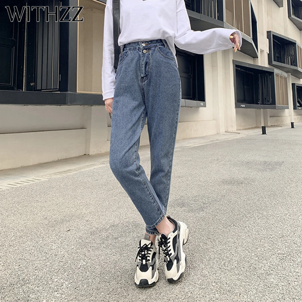 

WITHZZ Summer Women's High Waist Denim Trousers Slim Non-elastic Straight Pants Jeans