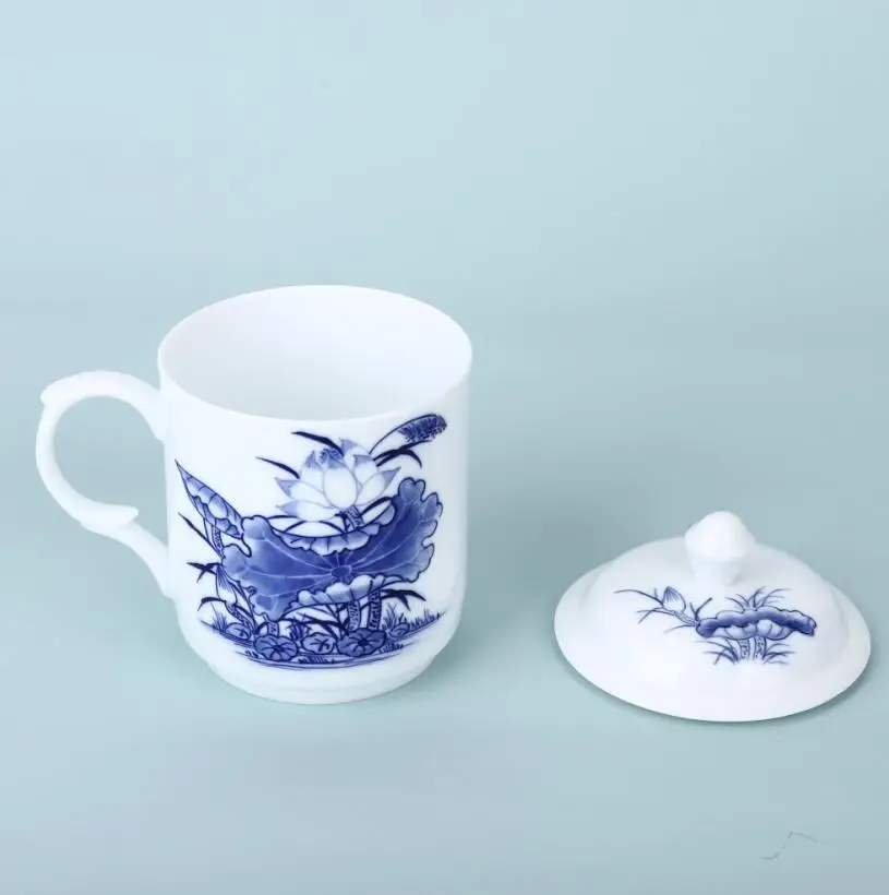 Hand Painted Blue And White Porcelain Cup With Lid Ceramic Office Thin Edge Translucent Mug Classical Oriental 330ML | Дом и сад
