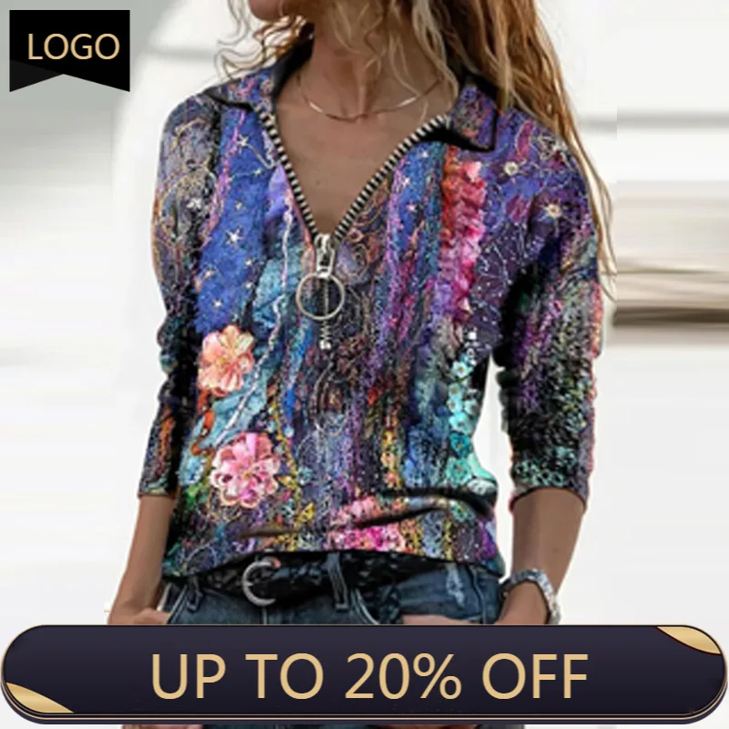 

Vintage Colorful Printing Loose Casual Shirts Sexy Zip Up V-neck Women T-shirt 2021 Spring Autumn Long Sleeve Streetwear Top Tee