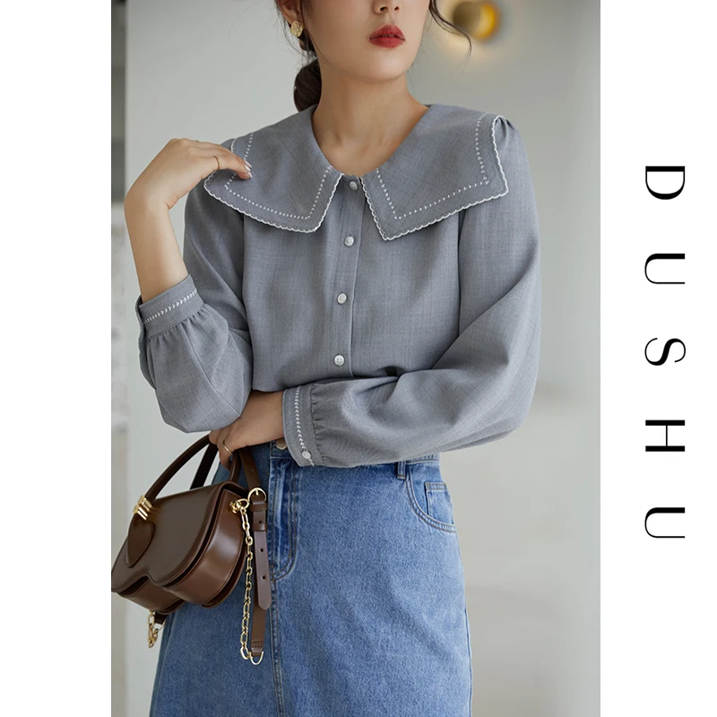

DUSHU Plus size sailor collar embroidery blouse shirt Women spring autumn long sleeve elegant top Female office causal blouse