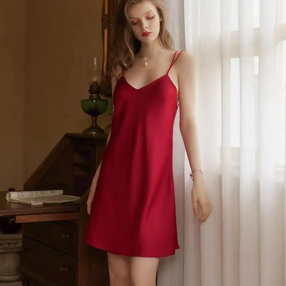 Summer Womens Sleepwear V-Neck Sexy Nightdress Casual Nightgown Comfortable Pajama Solid Cross Strap Bifurcation Nightwear