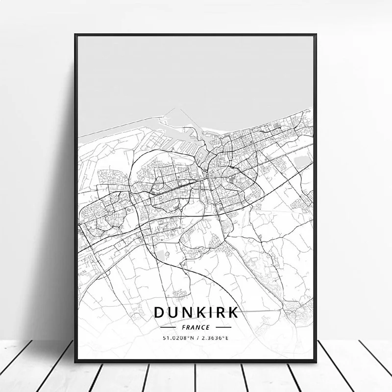 Чёрно-белая карта мира городов Бетюн, Дюнкерк, Анси, Париж, Бордо, Мец во Франции: холст, постер, печать, картинка для декорирования офиса или комнаты.