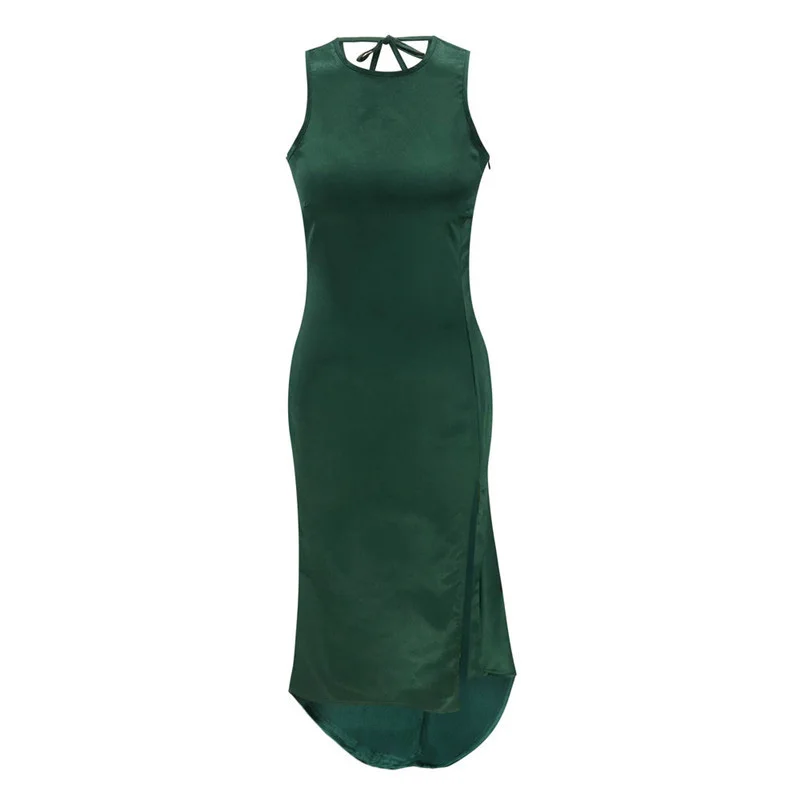 

Sexy Backless High Split Retro Women Long Dress Summer Hollow Out O-Neck Sleeveless Solid Lace Up Slim Hips Party Dresses Femme