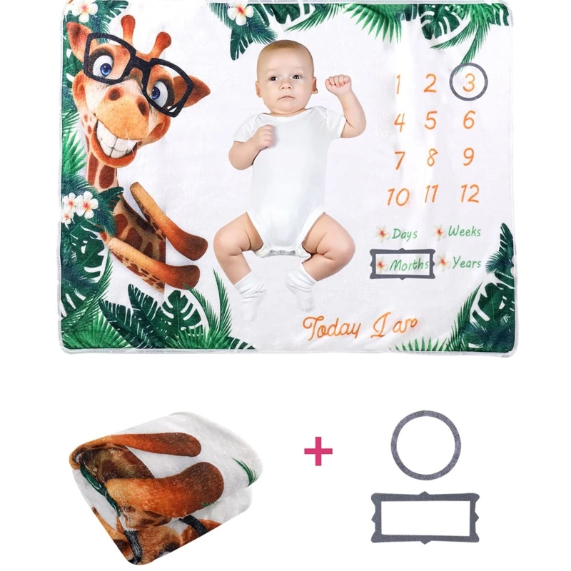 

1 Set Baby Month Milestone Blanket Monthly Record Growth Blanket Soft Flannel Cartoon Giraffe Printed Swaddle Wrap