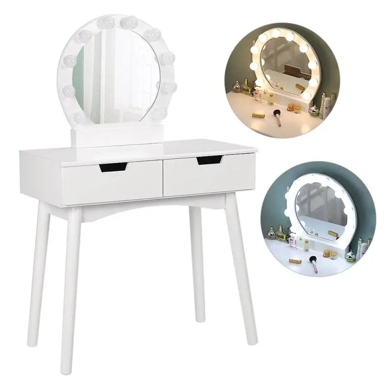

White Led Two-drawing Dressing Table With Stool With Support European Plug Dressing Table Durable Computer Desk Easy To Install