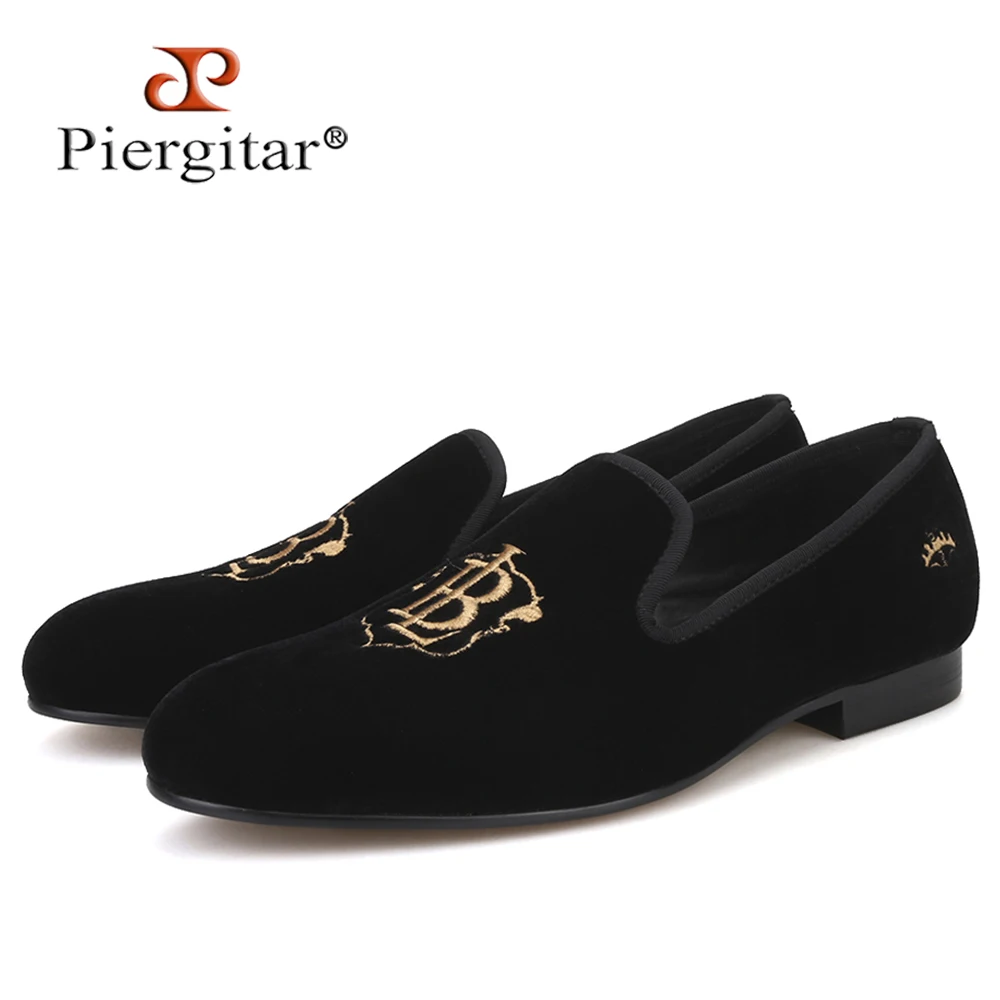 Piergitar new style fashion men loafers with LB letters gold embroidery handmade velvet shoes party and wedding men's flat | Обувь