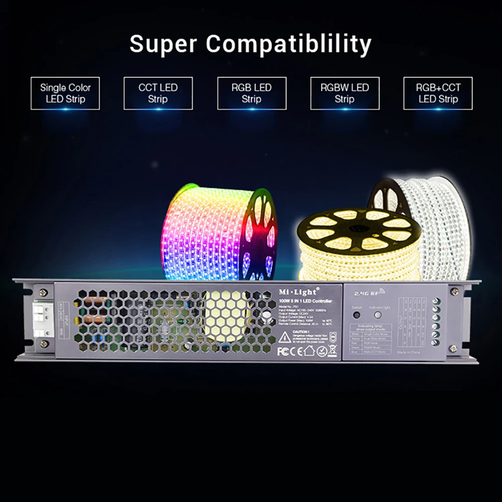 

MiLight 100W 5 IN 1 LED Controller Built-in power supply 2.4G RF/WIFI APP/alexa voice control for 24V RGB RGBW RGB+CCT LED strip