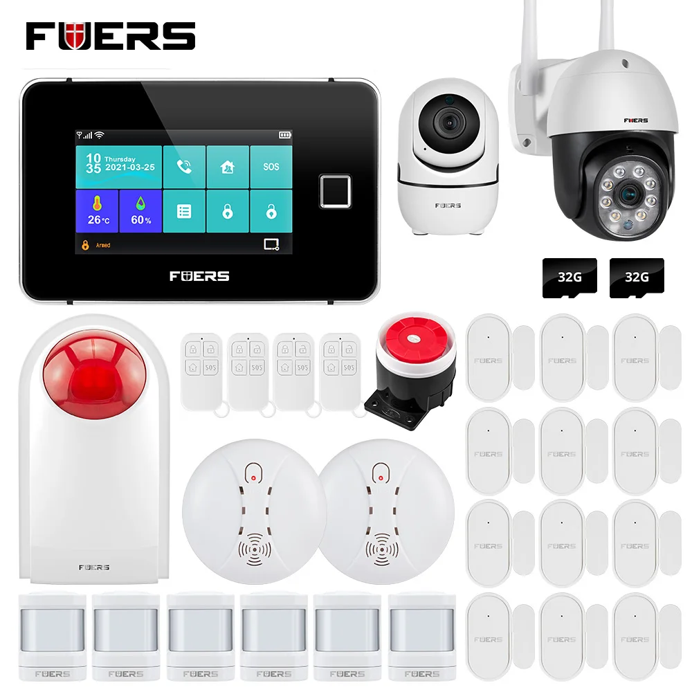 

FUERS Smart Home Security Alarm System Tuya WiFi GSM Touch Screen Temperature Humidity Display 433MHz Fingerprint Arm Disarm Kit