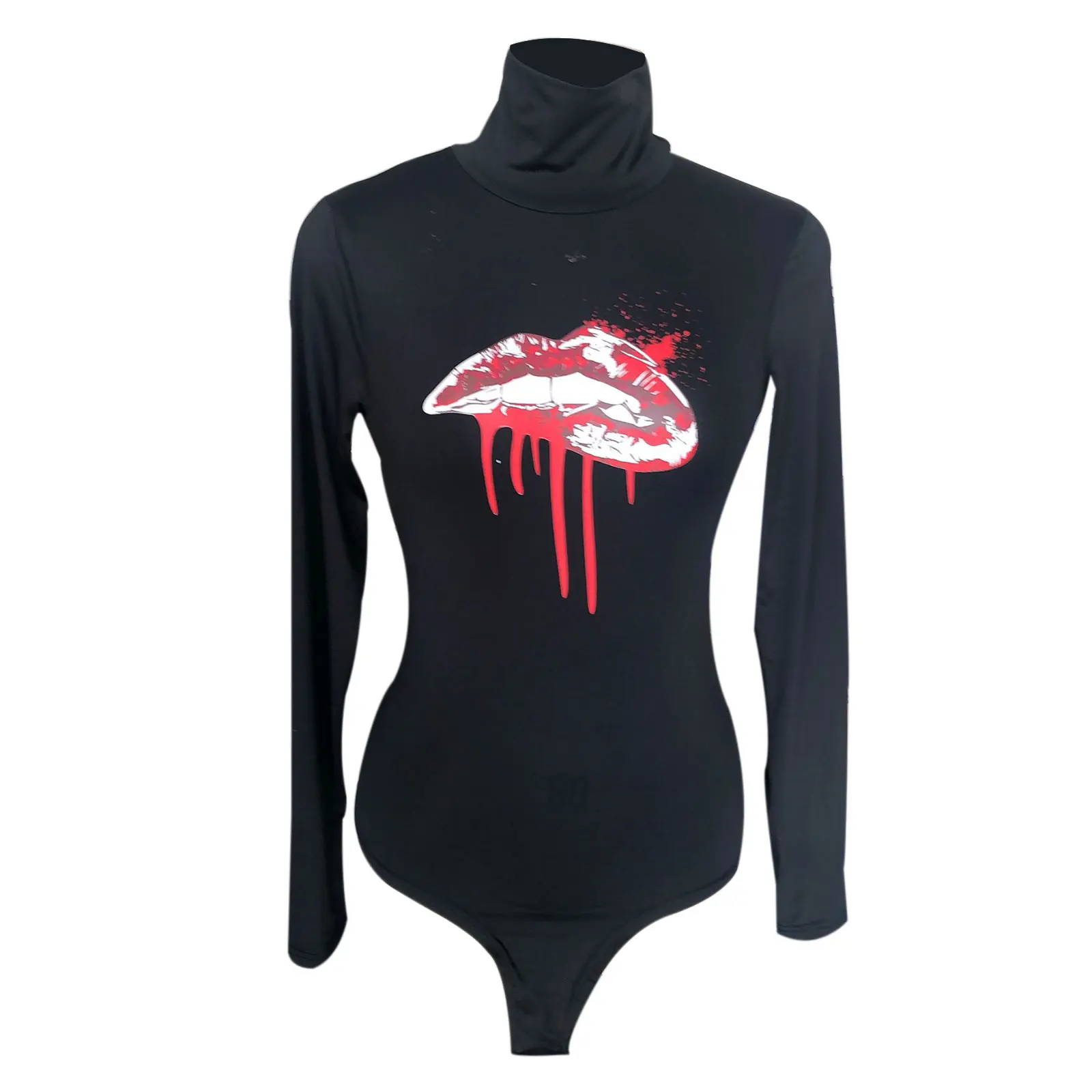 

Women rompers jumpsuit Basic Bodysuit Fashion Lip Print Long Sleeve Turtleneck One-Piece Leotard Tops sexy Triangle jumpsuit