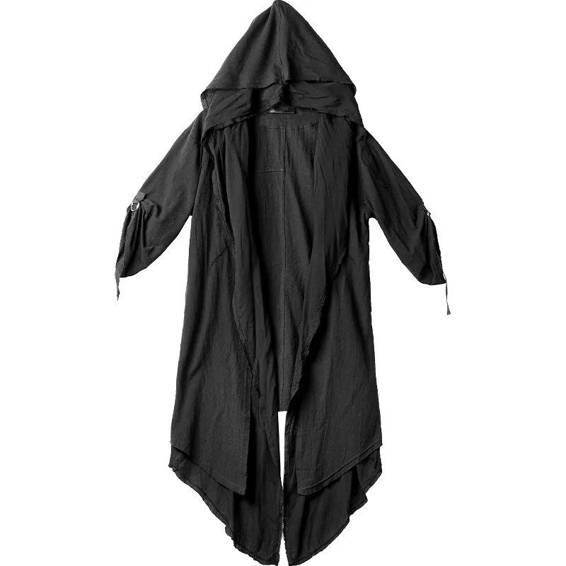 

Dark Cloak Coat Personality Nightclub Coat Men's Tide Gothic Fake Two Pieces of Knee Robes Mens Trench Coat Jacket Long Coat
