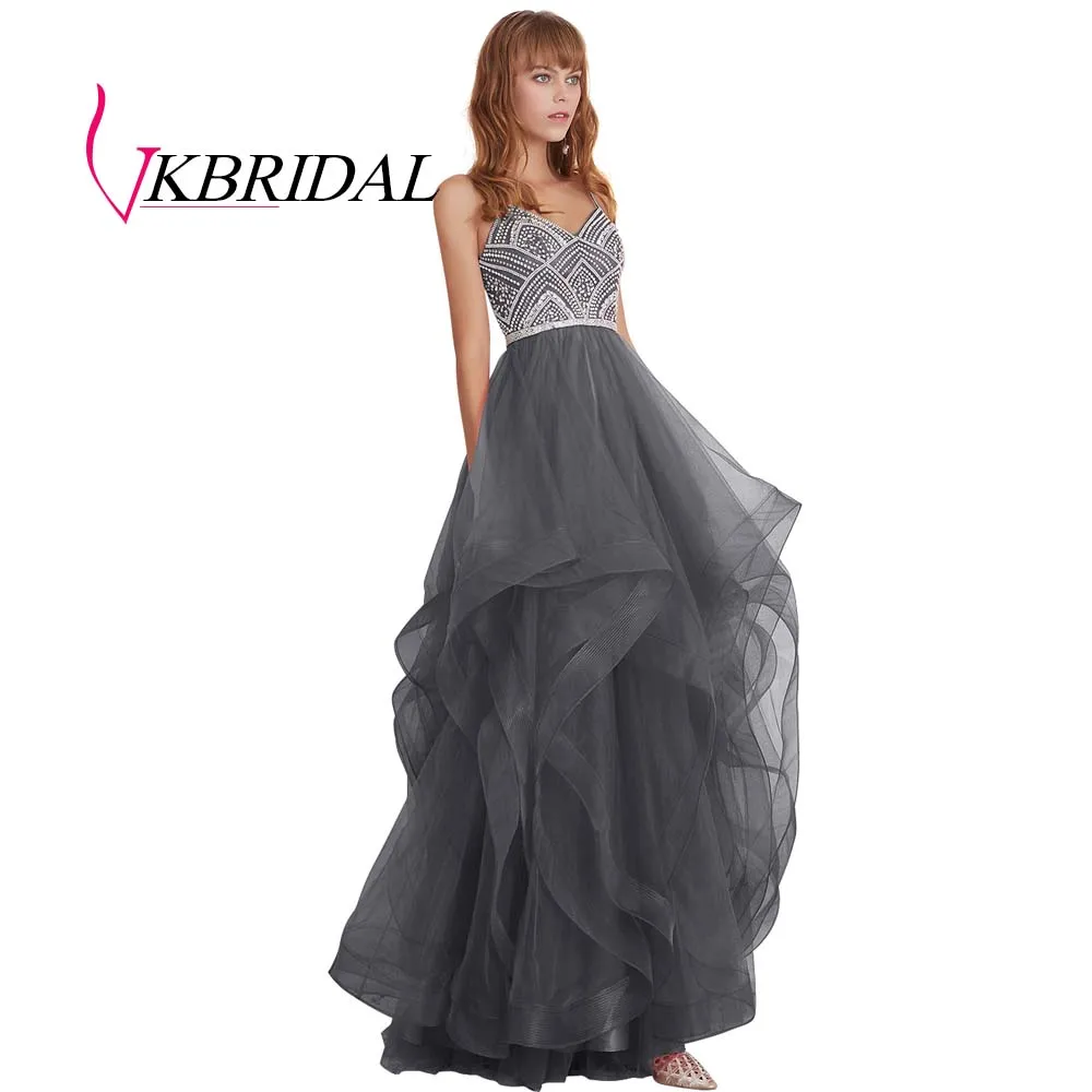 VKBRIDAL красные многоуровневые тюлевые платья для выпускного вечера новые Бальные платья с бисером и кристаллами официальное длинное вечернее платье - Цвет: Серый