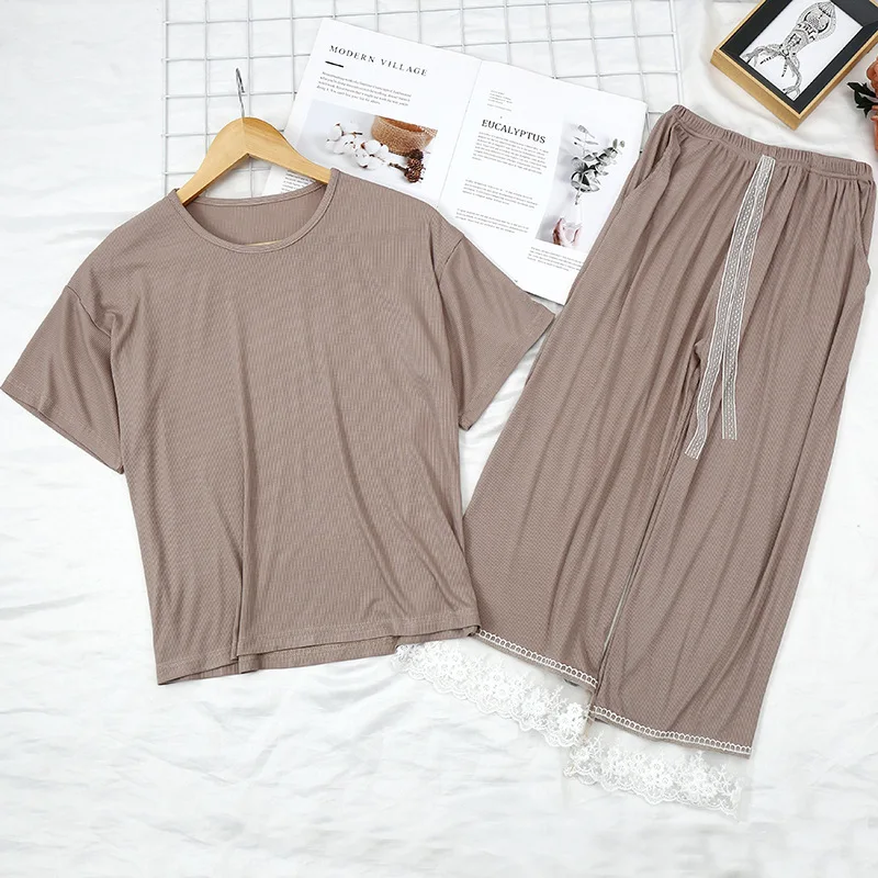 

Loose Pajamas Women Summer Short-Sleeved Outer Wear Pyjama Set Net Red Lace Cuffs Modal Home Clothes Spring Autumn Pijama Suit