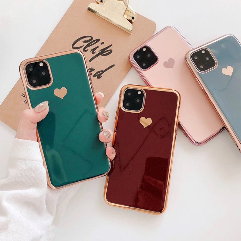 Чехол LOVECOM с гальваническим покрытием и сердечком для iPhone 11 Pro Max XR XS Max 6 6S 7 8 Plus, милый однотонный Мягкий ТПУ чехол для задней панели телефона в подарок