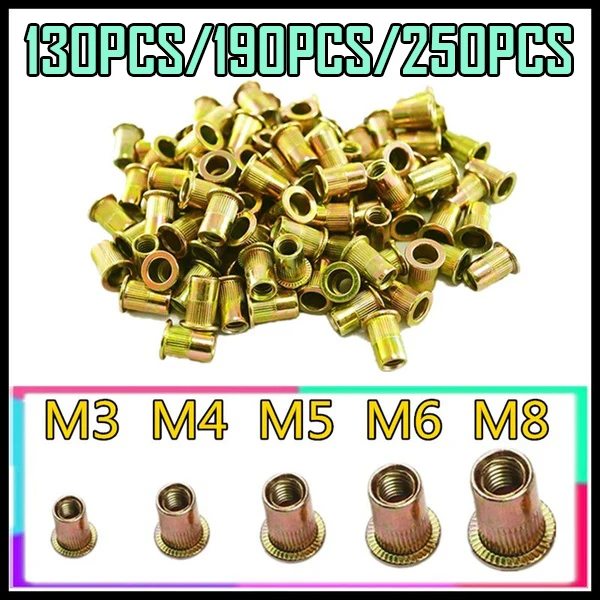 

130/190/250Pcs M3 M4 M5 M6 M8 Blind Rivet Nuts,Mixed Zinc Plated Carbon Steel Rivet Nut Threaded Rivnut Insert bolts and nuts
