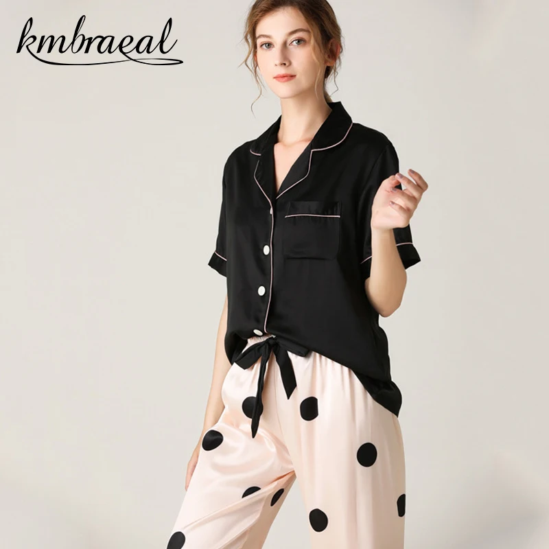 

Pajamas for Women Emulation Silk Summer Short Sleeve Trousers Pajama Two Piece Set Wave Point Print Sleepwear Homewear Plus Size