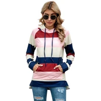 contrast color stripe pocket patchwork drawstring hoodies women casual long sleeve pullovers plus size streetwear loose tops