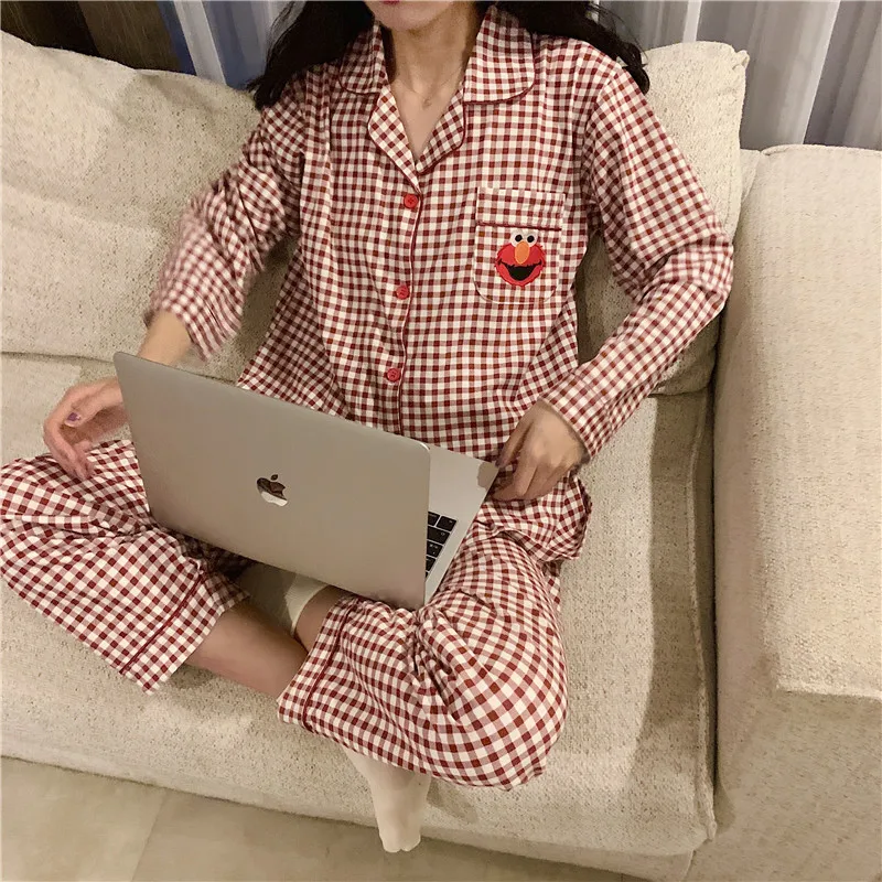 

women/men couple pajamas set cartoon embroidey plaid sleepwear home clothes 2 piece set red black homer suit loose pants Y296