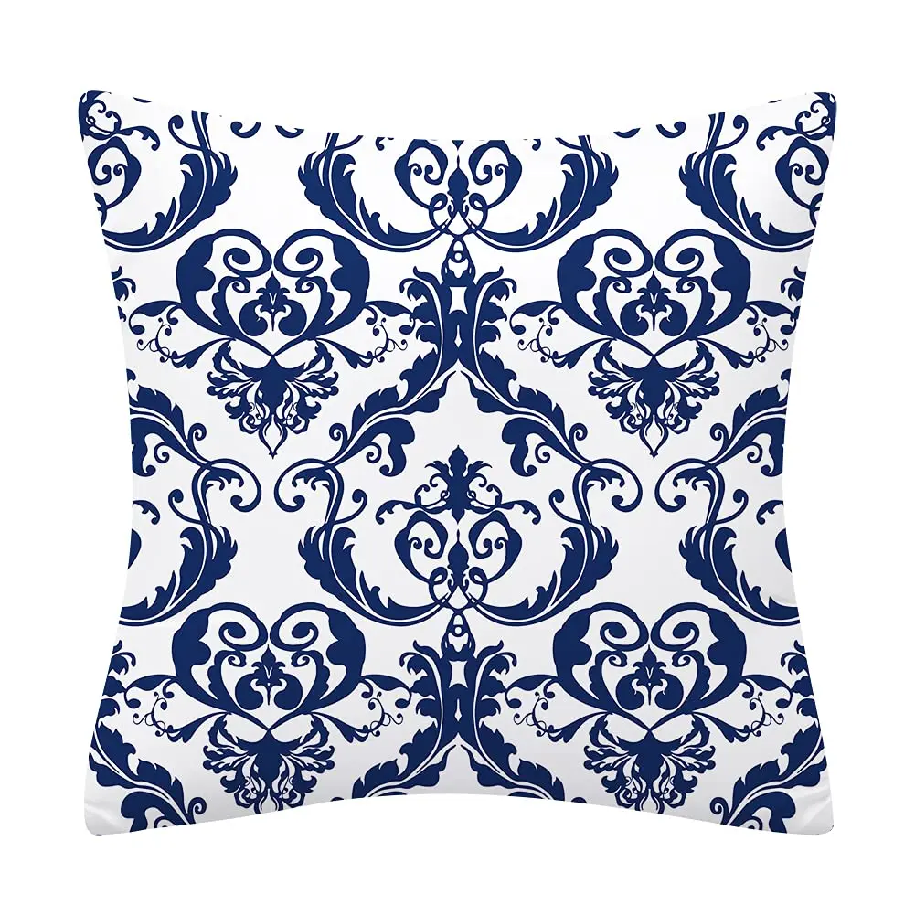 Нордическая сине-белая льняная наволочка с классическим узором для дивана