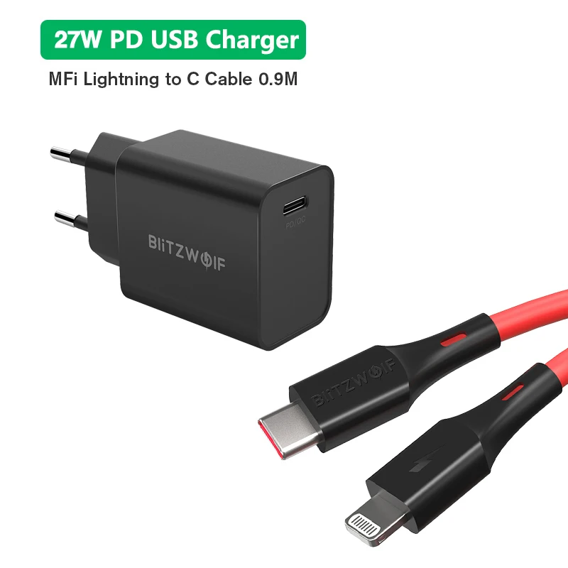 Blitzwolf BW-CL2 2.4A usb type C к Lightning MFI сертифицированные Дата зарядки Кабели PD3.0 телефон зарядное устройство ПВХ для iPhone 11 Pro Max - Цвет: with 27W EU Charger