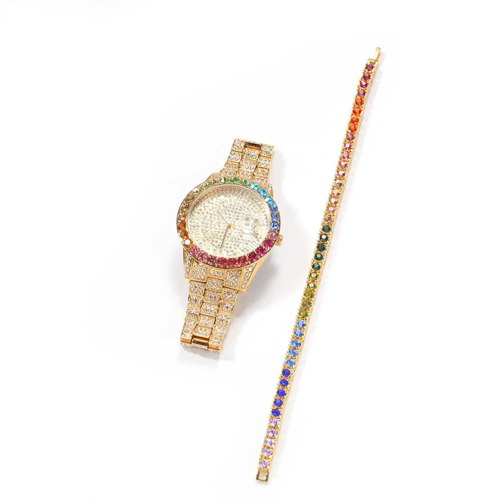 

New Tennis Chain Bracelet Necklace Watch Set Gold Silver Color And Bling Colorful Color Rhinestone Fashion Hip Hop Trend Jewelry