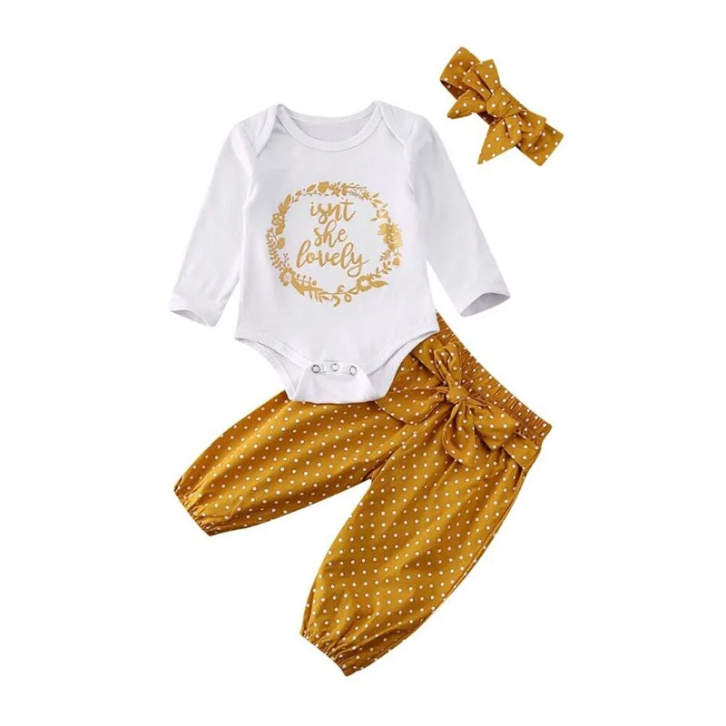 

0-18M Newborn Infant Outfits Baby Girls Bodysuit Jumpsuit Long Pants Headband Clothes Set 3PCS