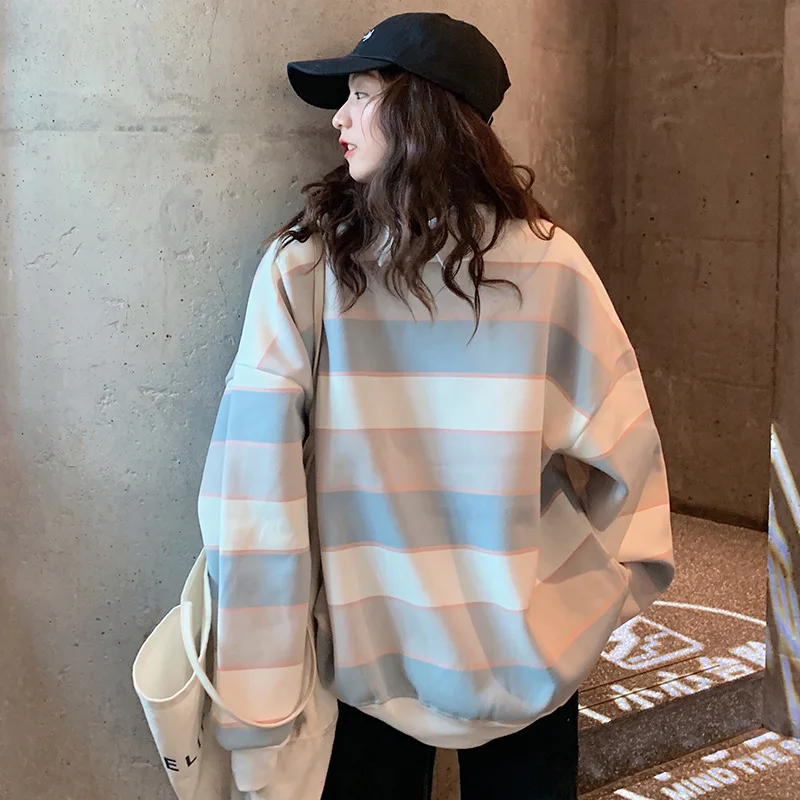 

Containing Cotton 2021 New Ladies Increase Chic Striped Loose Women's Round Neck Thin Sweater Bf Female Students Sweatshirts