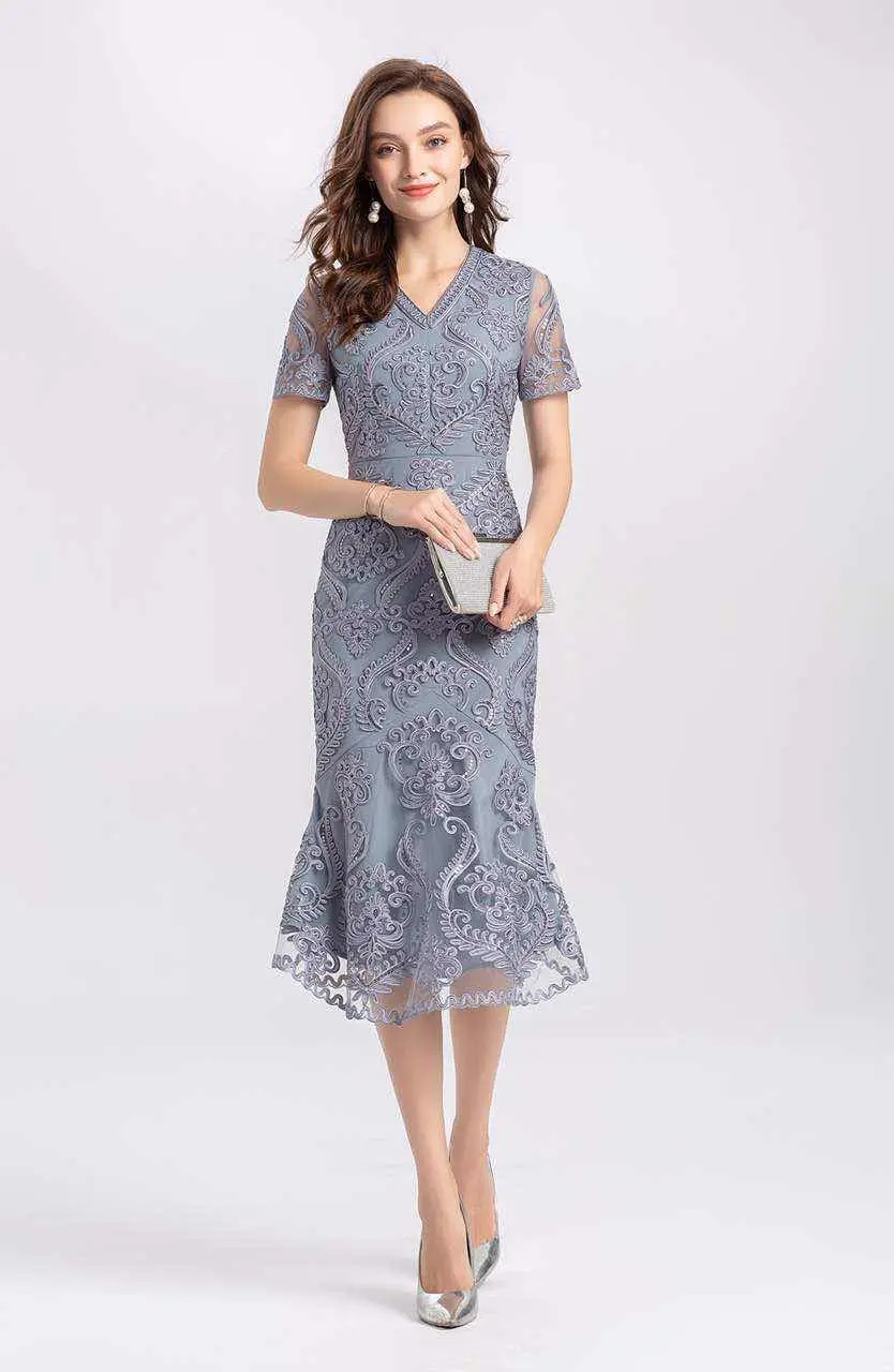 

Plus Size Embroidered Elegant Dress Lady V Neck Short-sleeve Women Dresses Summer 2020 High-quality Party Evening Mermaid Dress