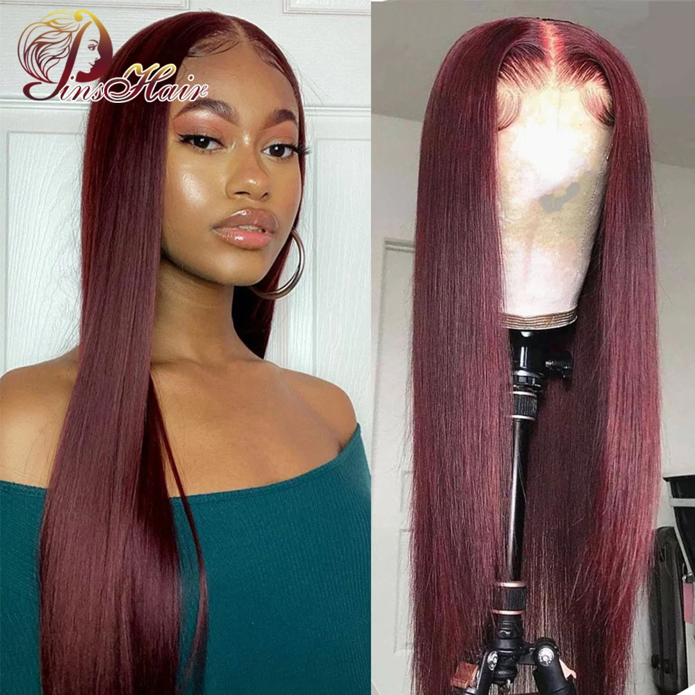 

26inch Burgundy Straight 13x4 Lace Frontal Human Hair Wigs For Women Peruvian Red 99J Transparent Lace Front Wig Remy PrePlucked