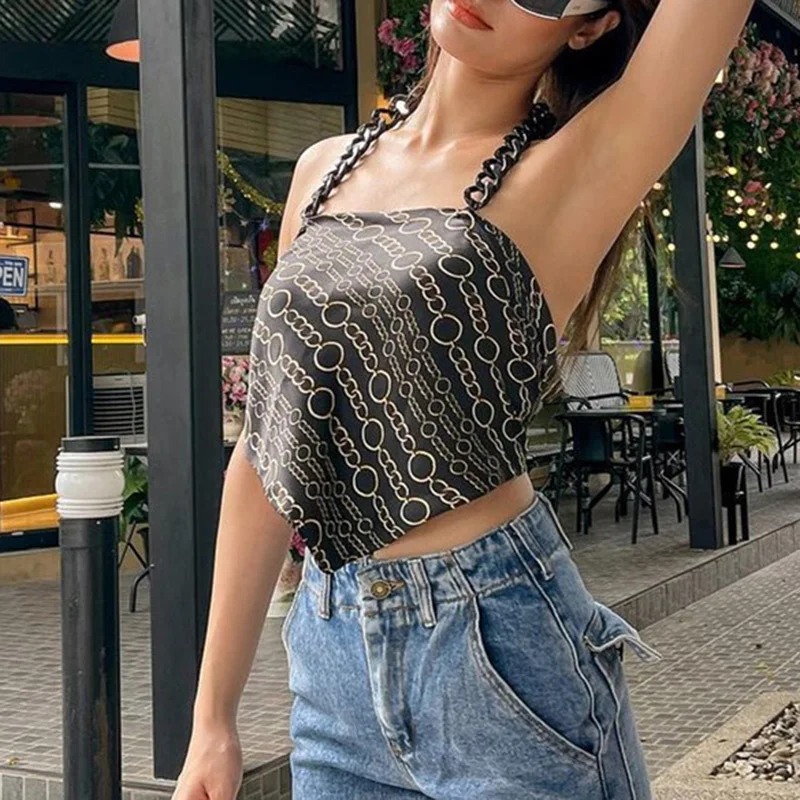 

XUXI Women Chain Fashion Printed Halterneck Vest Women New Style Halter Short Sexy T-shirt Top Summer 2021 E2585