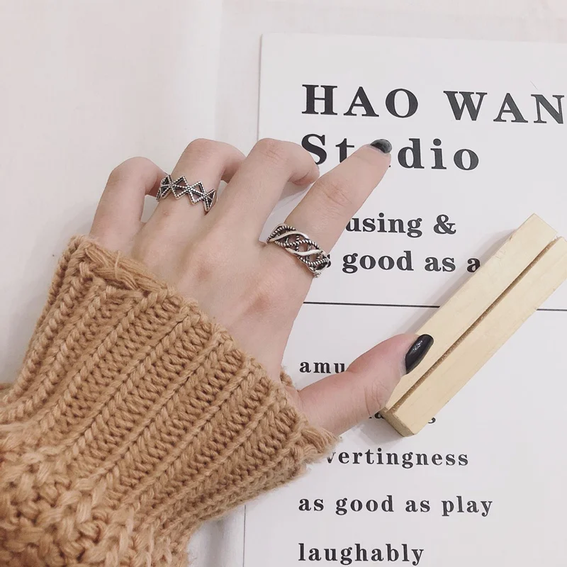 HUANZHI 2020 Simple Chain Twine Irregular Geometric Rings Vintage Thai sSilver Open Adjustable Ring for Women Men Jewelry | Украшения и