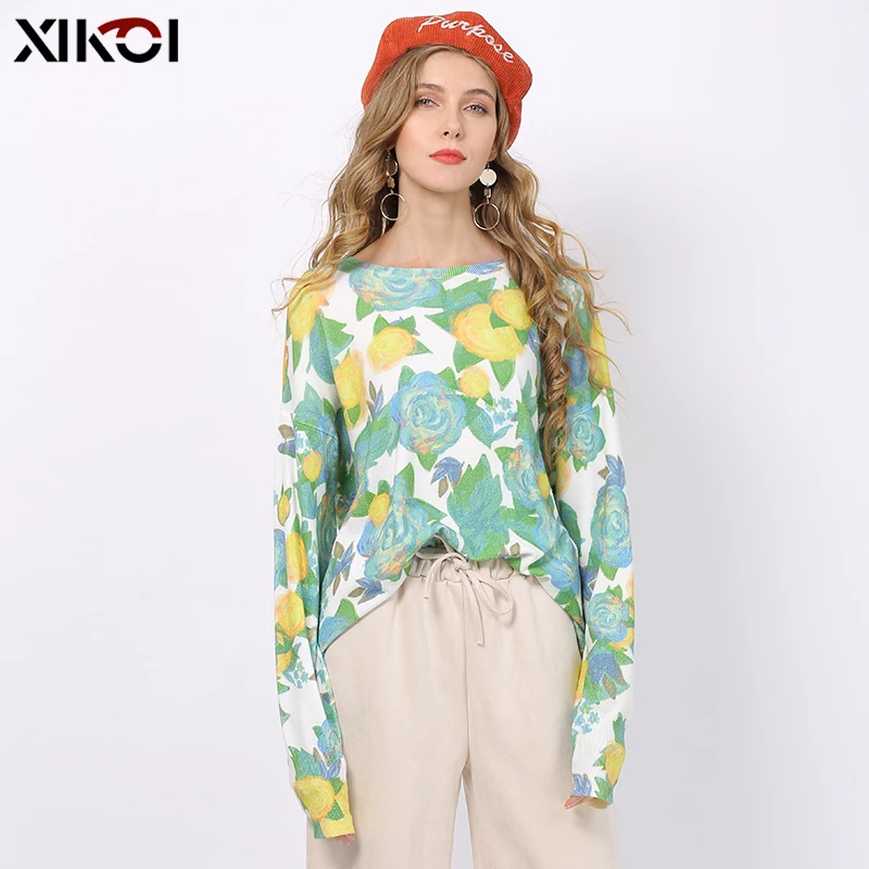 New XIKOI Fashion Sweet Rose Print Sweater For Women Winter Oversized Pullover Autumn O-Neck Jumper Knitted Pull Femme Plus Size | Женская