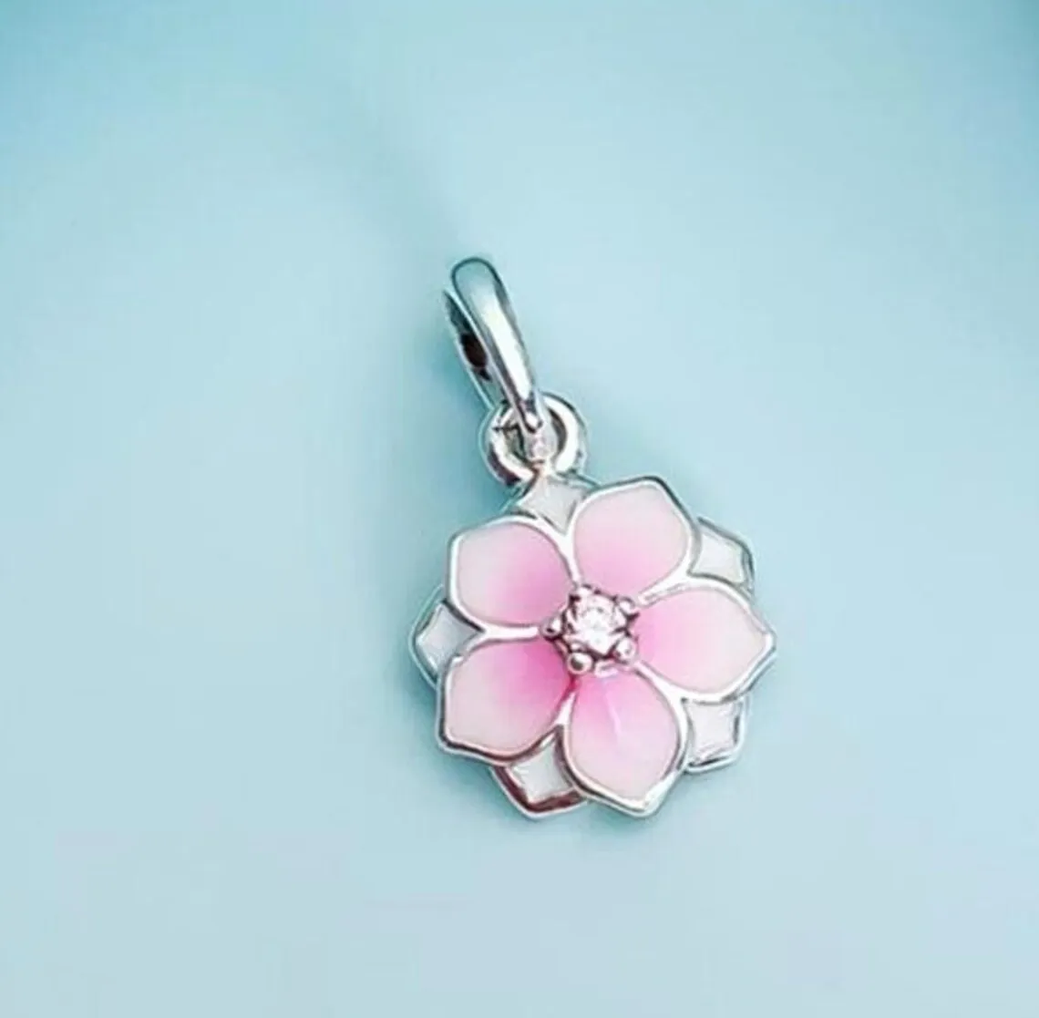 

925 Sterling Silver Pink Magnolia Bloom Pendant Charm Bead Fits All European Pandora Jewelry Bracelets Necklaces
