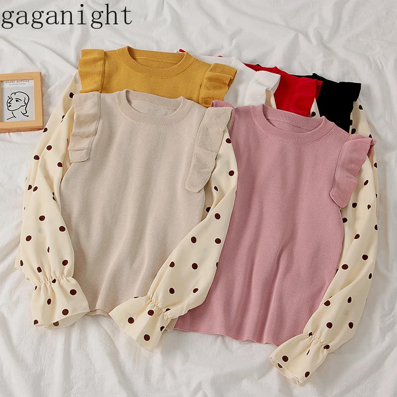 Gaganight вязаный шифоновый лоскутный свитер для женщин Весна Осень Мода пуловер в