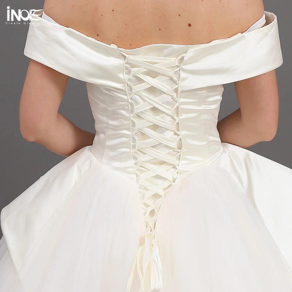 

INOE 2021 Women Fashion Long Wedding Dress Strapless Ball Gown Floor Length Organza Off shoulder Ruffle Satin Plus Size Smooth