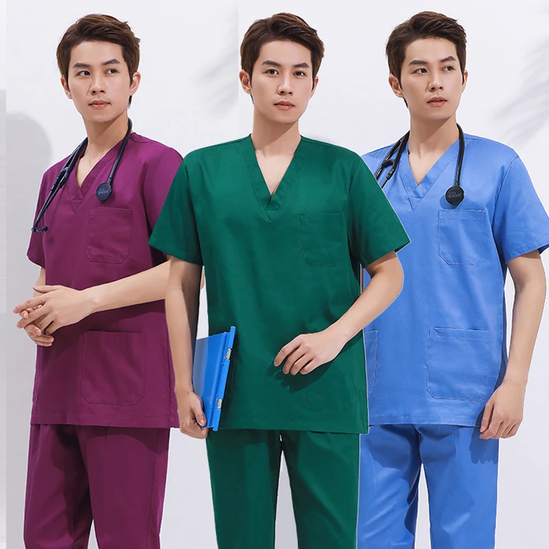 

Men Scrubs Suit Plug Size Medical Uniforms V Neck Scrub Top Short Sleeve Pure Cotton Medical Pants Loose Nursing Workwear Doctor