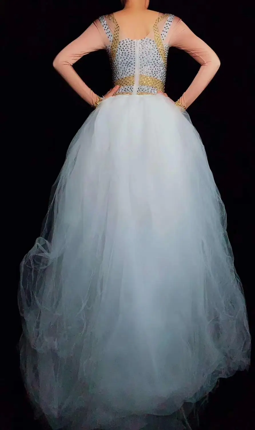 Sexy Stage Silver Gold Rhinestones Long Sleeves Bodysuit white Mesh Tail Birthday Celebrate Outfit Women Singer Dance Bodysuit