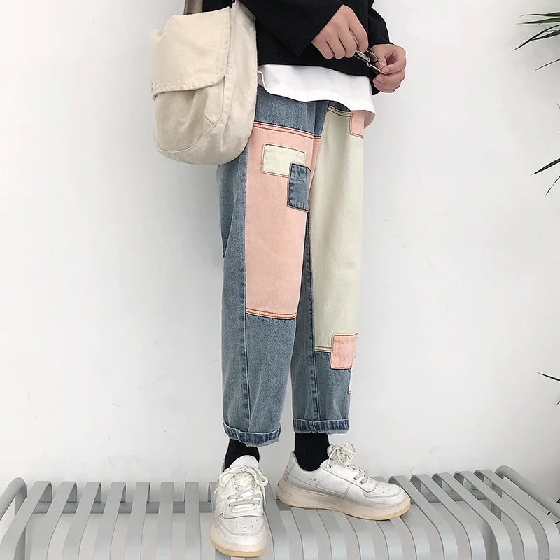 

2021 Men's Wide Leg Pants Patch Baggy Homme Casual Pants Cargo Pocket Jeans Biker Denim Blue Color Trousers Size S-2XL