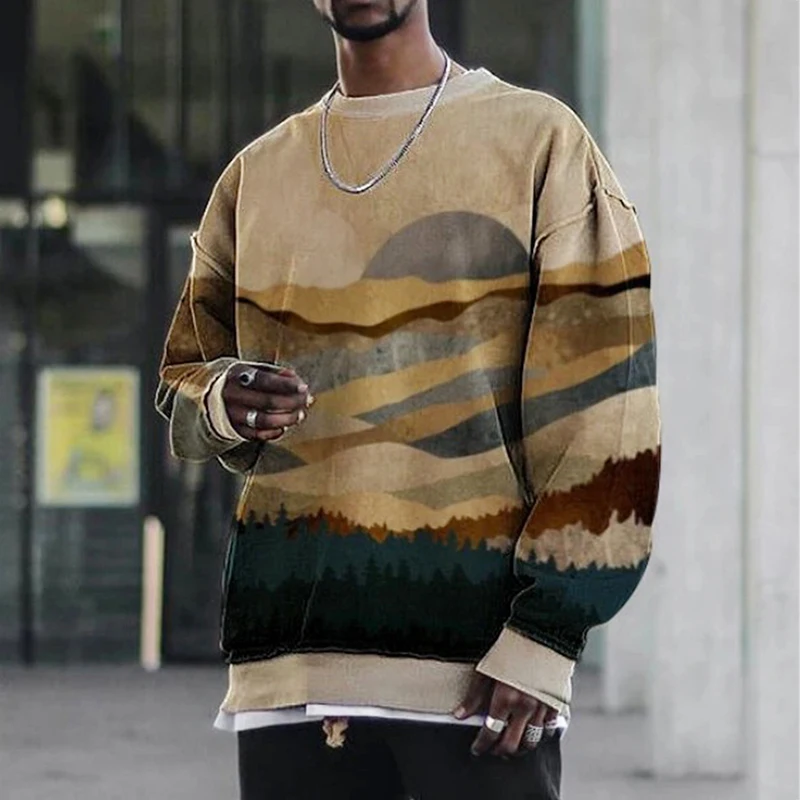 

Vintage Fashion Landscape Print Men Sweatshirt Casual O-Neck Spring Autumn Pullover Top Harajuku Long Sleeve Hooded Men Clothing