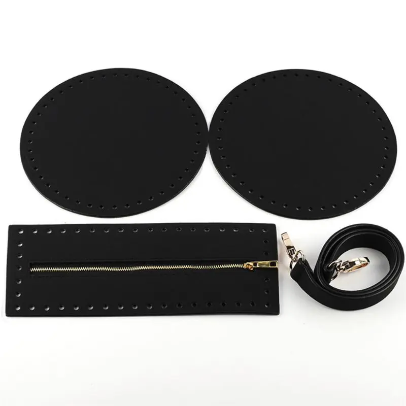 

4Pieces/Set Bag Bottom Shaper Base Round Artificial Leather Purse Inserts Strap Zipper for DIY Sewing Crochet Shoulder K5DA