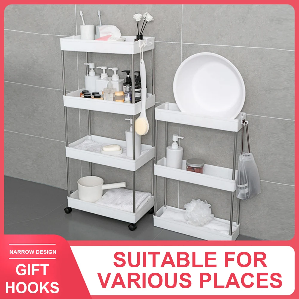 

3/4 Tier Storage Organizer Rack Movable Kitchen Bathroom Shelf Metal Rolling Trolley Cart Basket Stand Wheels Save Space Holder