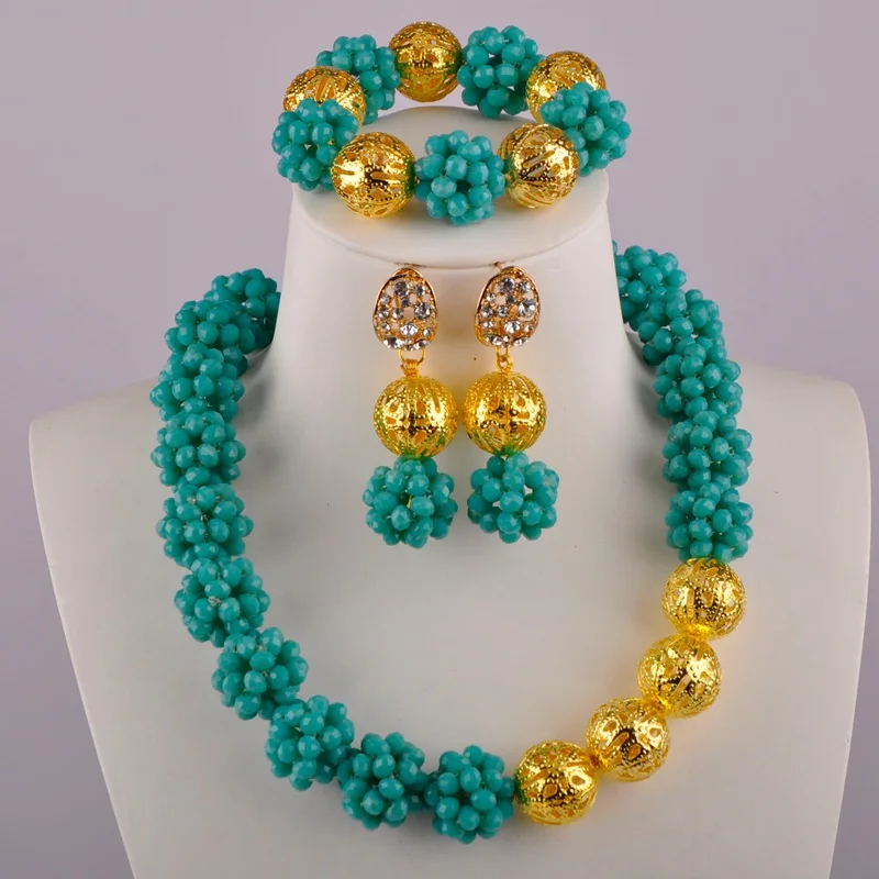 

Aqua Blue Crystal Ball Beaded African Jewelry Set Nigerian Beads Necklace Sets