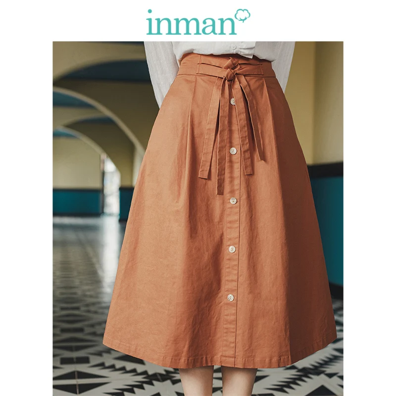 INMAN, осень, Новое поступление, Ретро стиль, для молодых девушек, хлопок, однотонная, шнуровка, трапециевидная, для женщин, средняя юбка