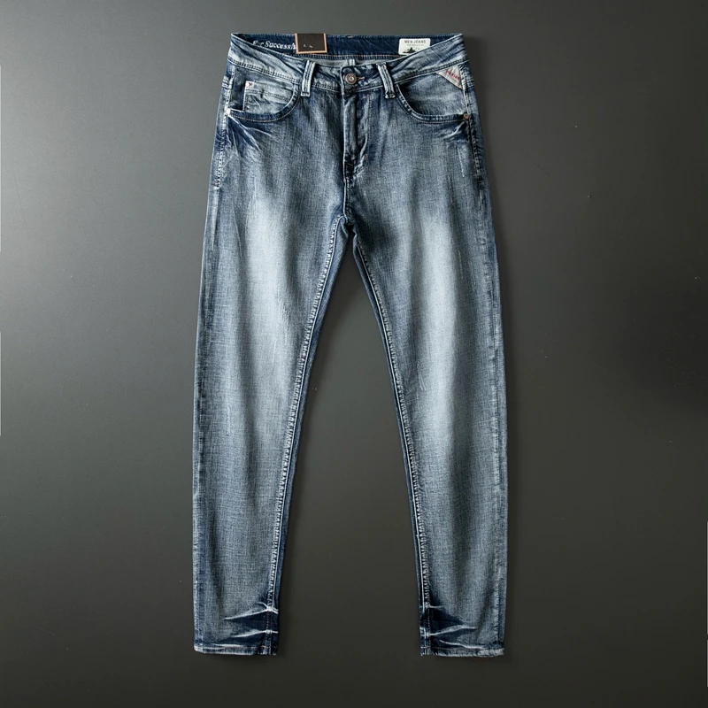 Винтажные синие модные мужские джинсы высокого качества зауженные рваные