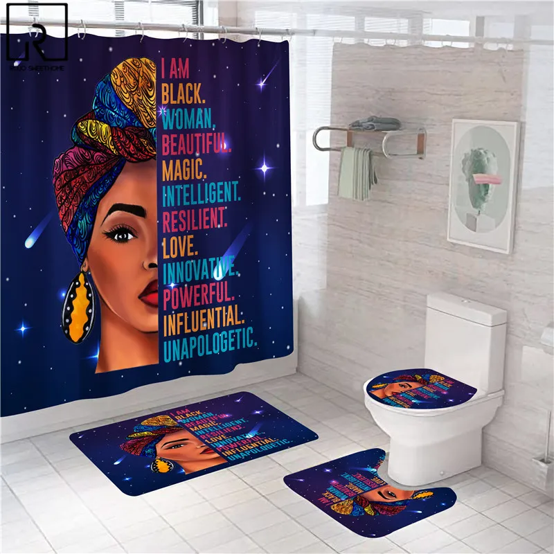 Black Women Afro Girls Print Shower Curtain Set Polyester Bathroom Curtain Hooks Modern Bath Mat Toilet Lid Cover WC Accessories