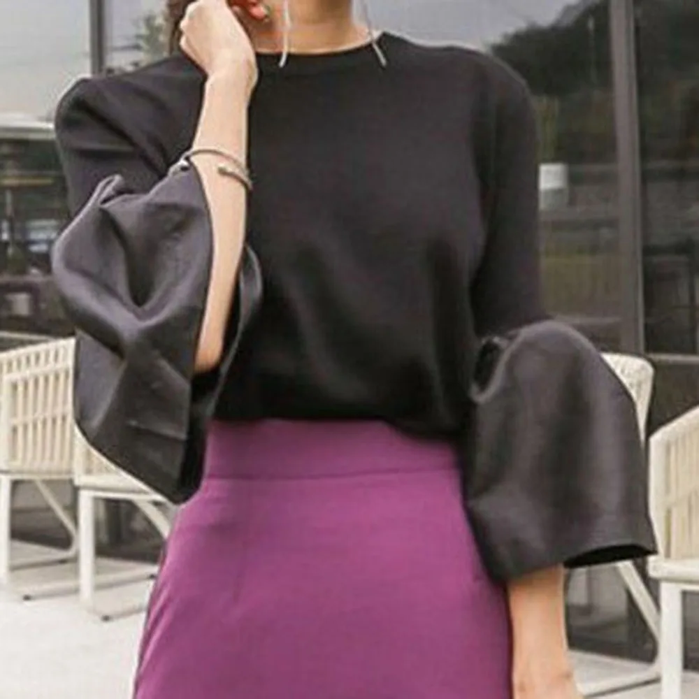

2021 Korean Fashion Temperament Casual Women Blouse Autumn New Solid Color Round Neck Flared Sleeves Simplicity Women