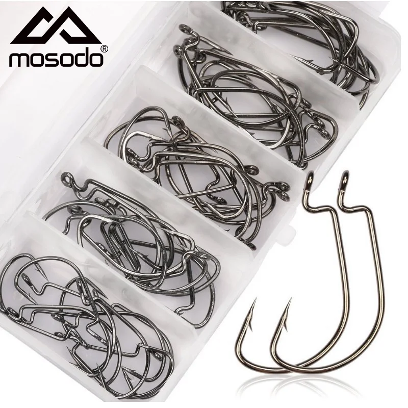 

Mosodo 50pcs Worm Hooks for Lures Soft Bait Wide Jig Offset Fishhooks Set Bass Fishing Hooks Tackle Accessories Kit #2 #1 1/0