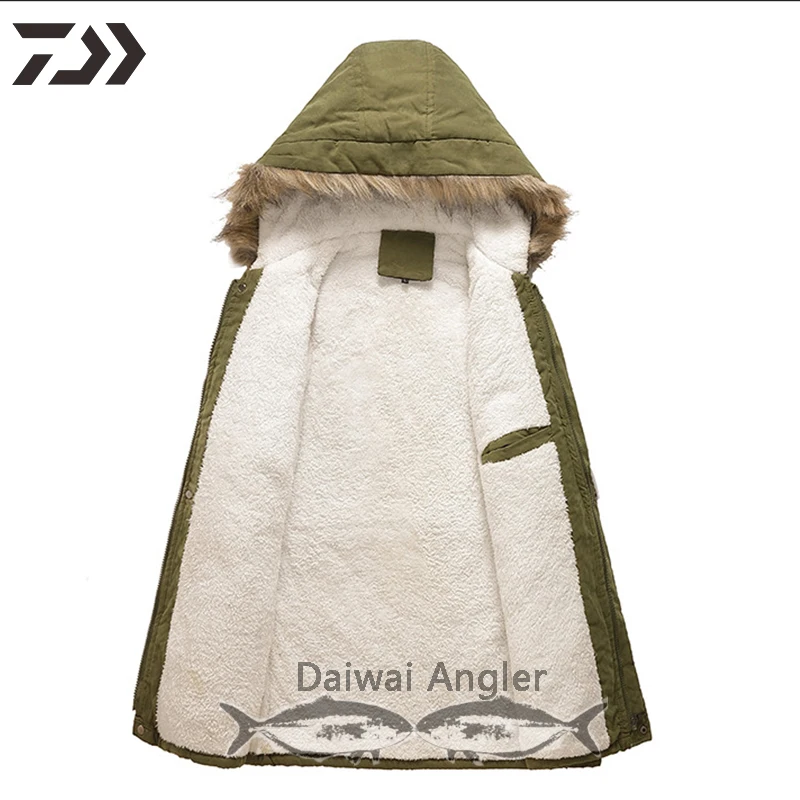Daiwa Thick Cotton Fishing Jacket Men Windproof Thermal Hiking Fish Clothes Print Hooded Zipper Camping Outdoor Clothing