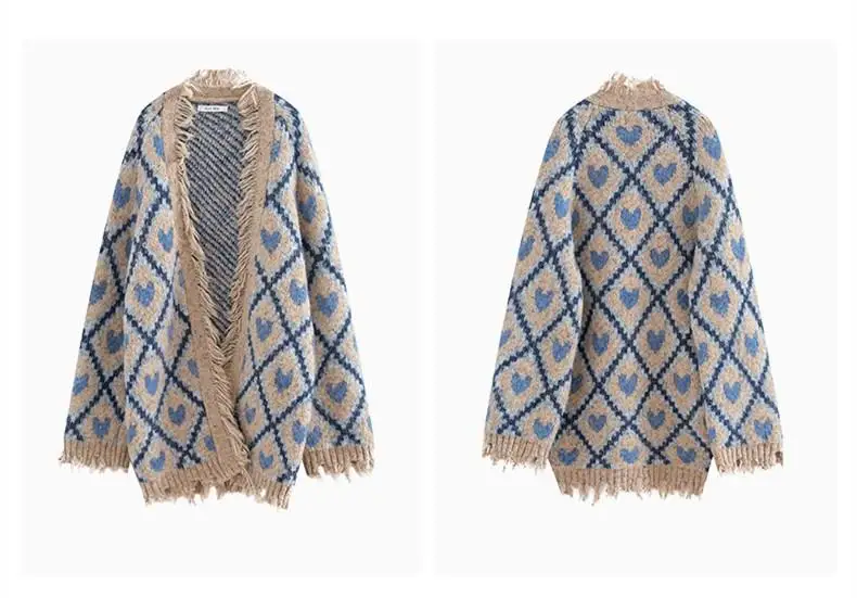 V-Neck Knitted Geometric Plaid Cardigan Women New Loose Plus Size Sweater Coat |