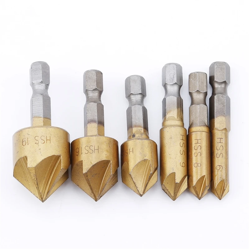 

6PCS Gold 90 Degree Hexagon Shank Five-edge Chamfering Machine Tool Chamfering Knife Woodworking Hole Opener High-speed Steel