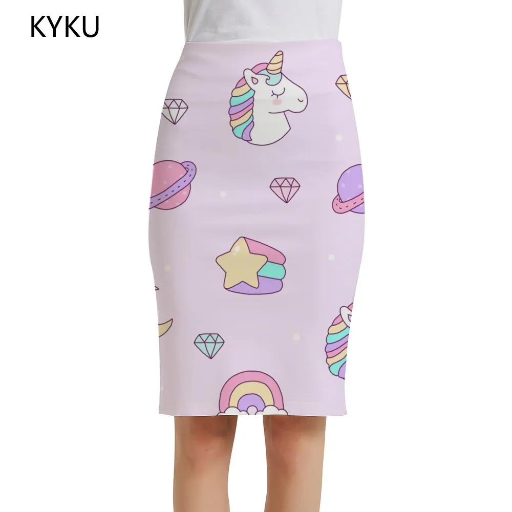 

Женские юбки с единорогом KYKU, разноцветные офисные юбки с изображением Луны и Вселенной, винтажные вечерние юбки, 2019